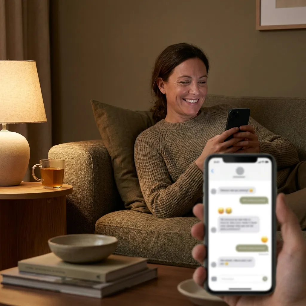 Person schreibt entspannt eine freundliche Nachricht am Smartphone