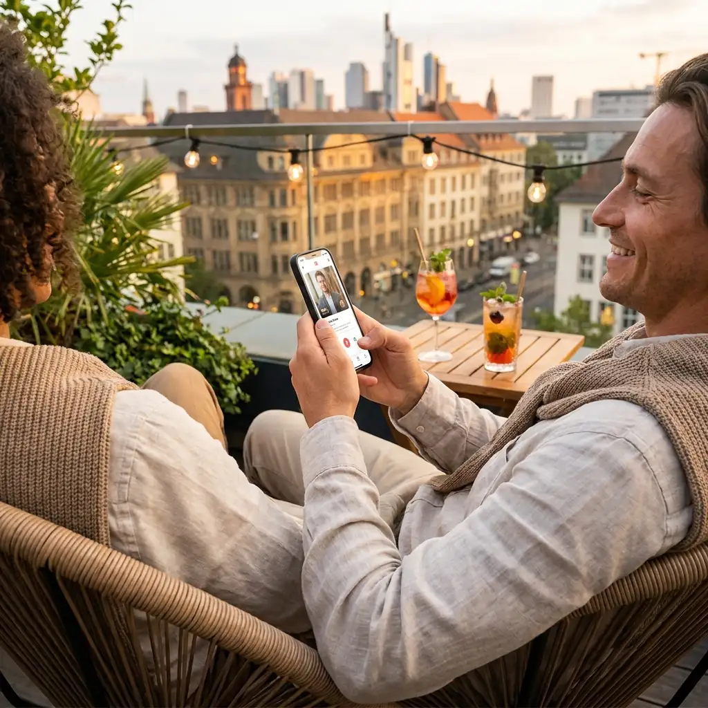Person bearbeitet aufmerksam ein Dating-Profil auf dem Smartphone