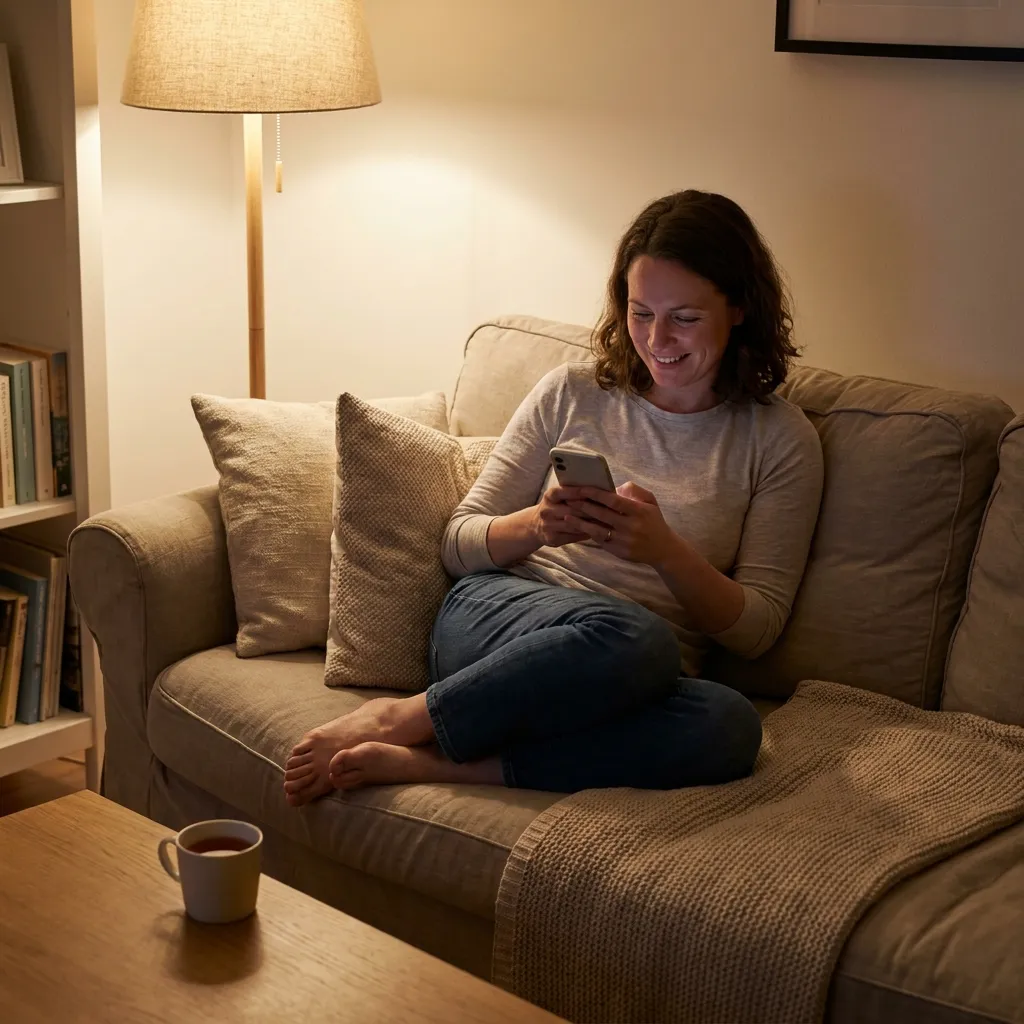 Ruhige Person schreibt entspannt auf dem Smartphone