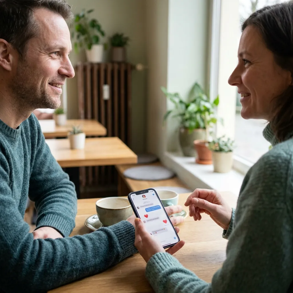Zwei Erwachsene sitzen bei einem ruhigen ersten Date und sprechen offen miteinander