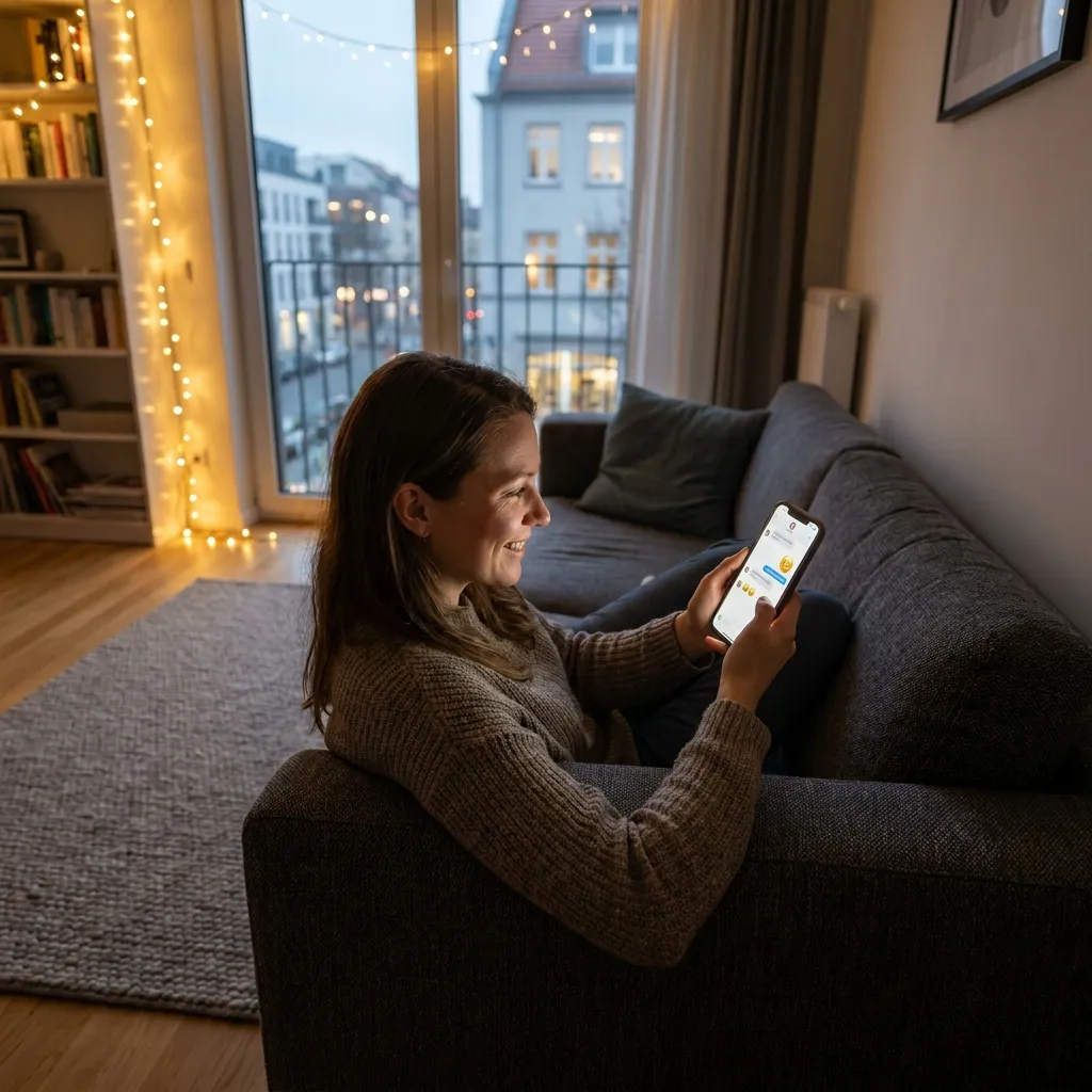 Single nutzt entspannt eine Dating-App auf dem Sofa
