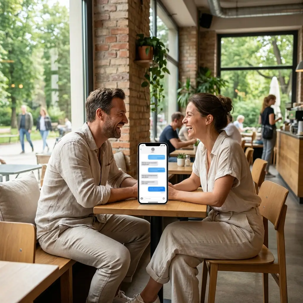 Zwei Erwachsene lachen bei einem entspannten Kennenlernen in einem hellen Café, natürliche Kleidung, freundliche Stimmung, fotorealistische Fotografie mit natürlichem Licht und realistischen Texturen, kein Text