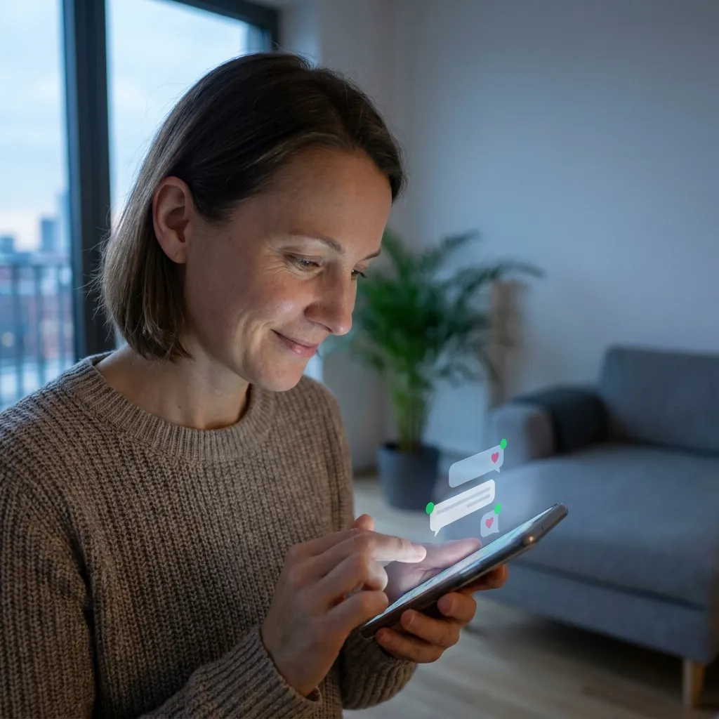 Zwei Chatfenster auf einem Smartphone und eine entspannte Person beim Schreiben einer Dating-Nachricht