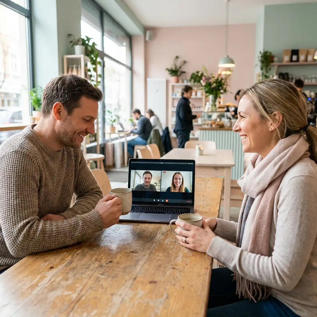 Zwei Erwachsene bei einem entspannten ersten Treffen im Café
