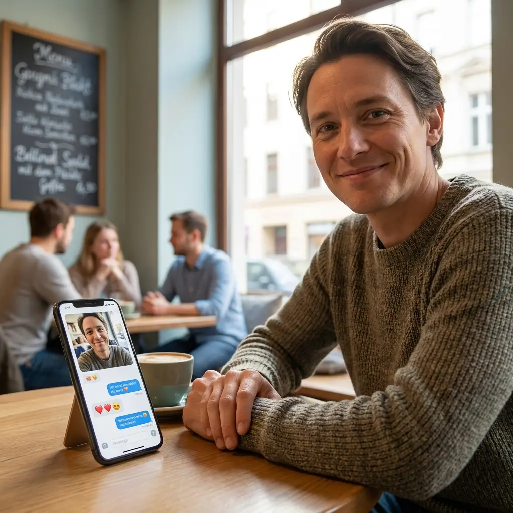 Schüchterne Person übt freundlichen Blickkontakt in einem hellen Café